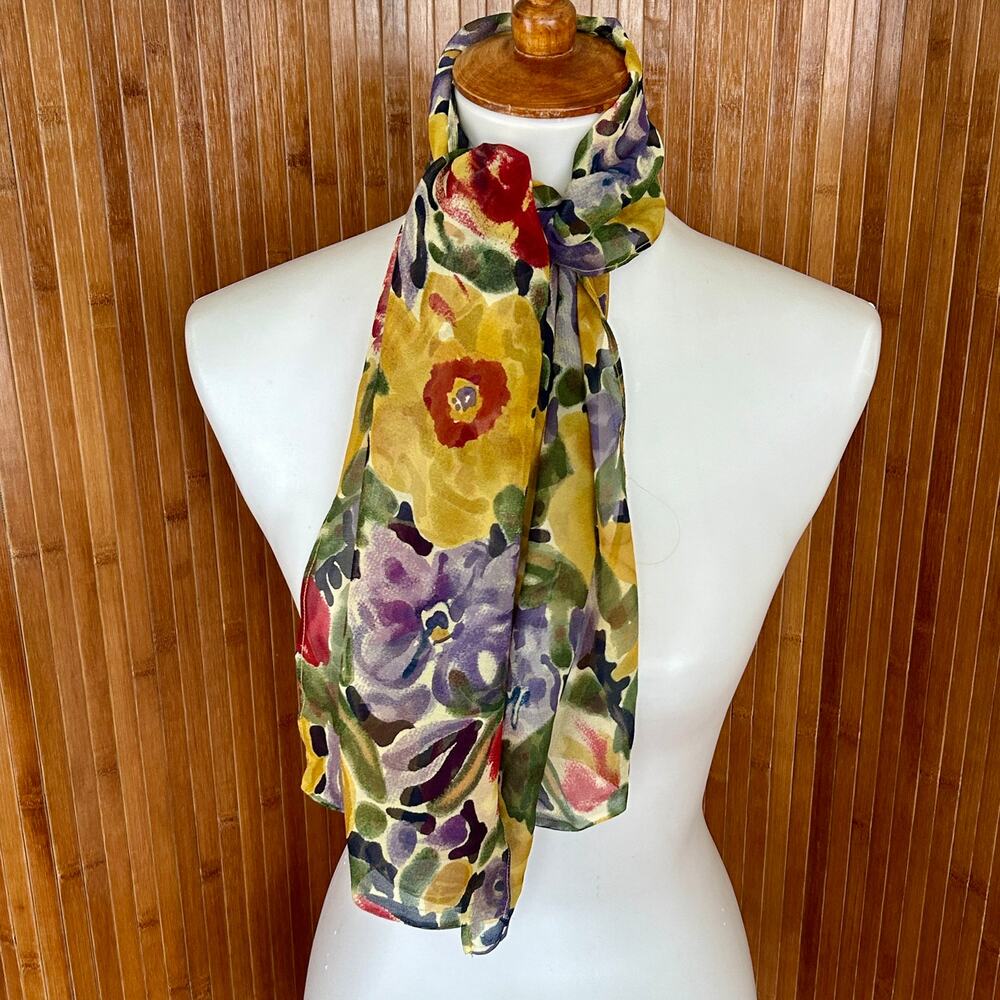 Vintage Silk Scarf Watercolor Floral Gold Purple Red Green Long Neck Scarf